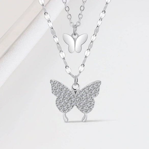 Wholesale Jewelry Butterfly Double Layer S925 Sterling Silver Clavicle Chain With Electroplating