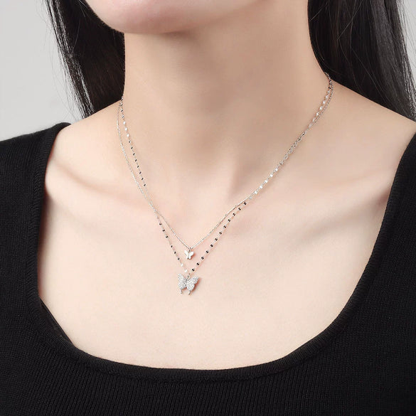 Wholesale Jewelry Butterfly Double Layer S925 Sterling Silver Clavicle Chain With Electroplating