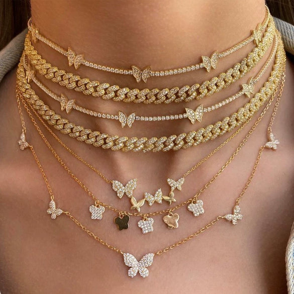 Wholesale Jewelry Butterfly Element Ecofriendly Brass Plated With Real Gold And Zircon Clavicle Chain