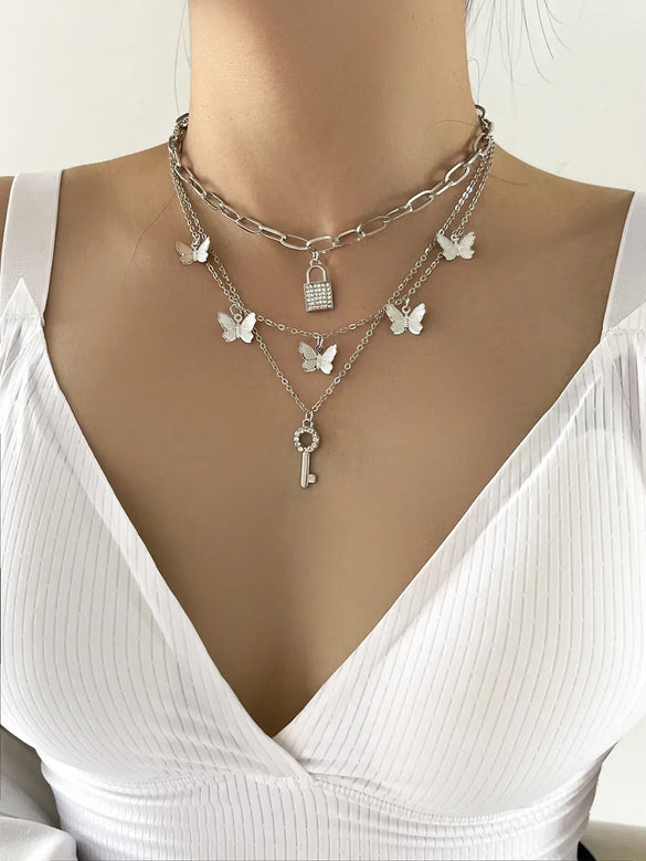 Wholesale Jewelry Butterfly Lock Key Pendant Multi-Layer Necklace Gooddiy