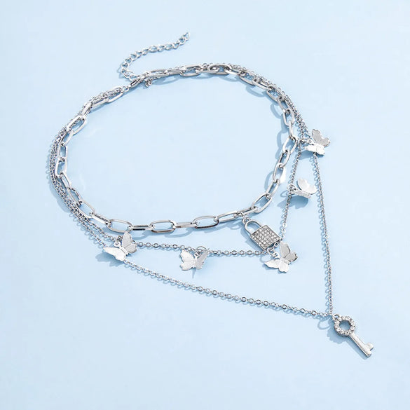 Wholesale Jewelry Butterfly Lock Key Pendant Multi-Layer Necklace Gooddiy