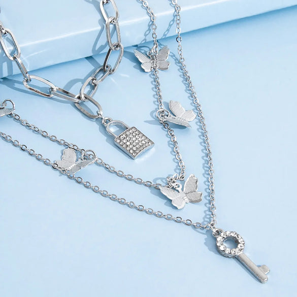 Wholesale Jewelry Butterfly Lock Key Pendant Multi-Layer Necklace Gooddiy