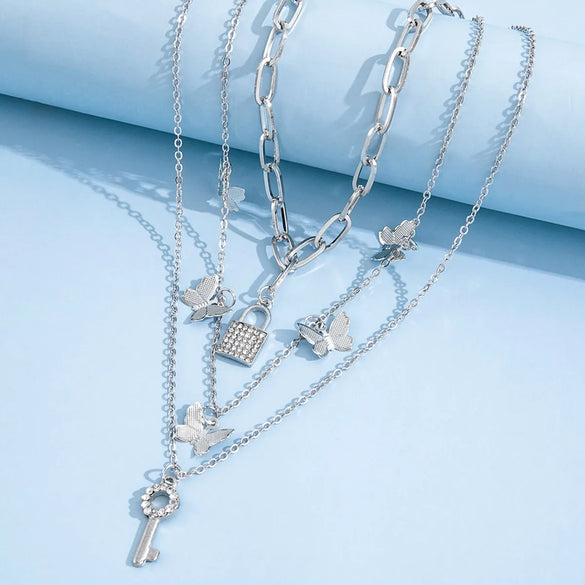 Wholesale Jewelry Butterfly Lock Key Pendant Multi-Layer Necklace Gooddiy