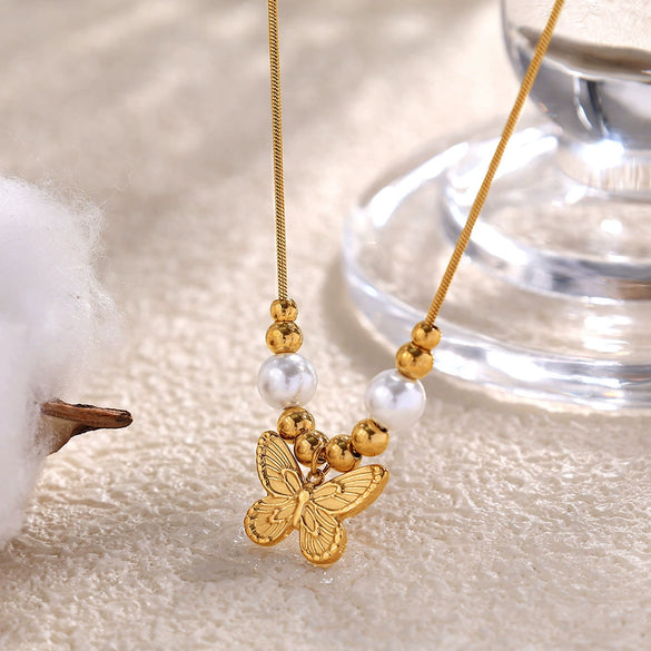 Wholesale Jewelry Butterfly Pearl 316L Stainless Steel Electroplating Necklace