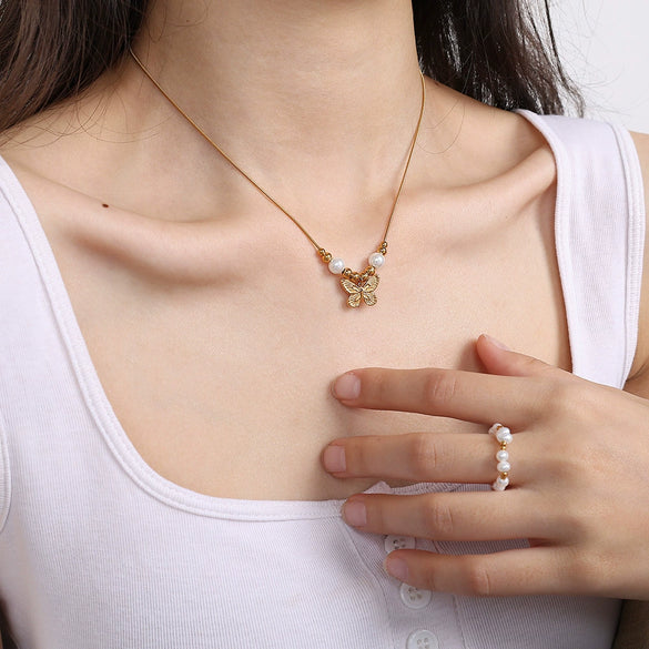 Wholesale Jewelry Butterfly Pearl 316L Stainless Steel Electroplating Necklace
