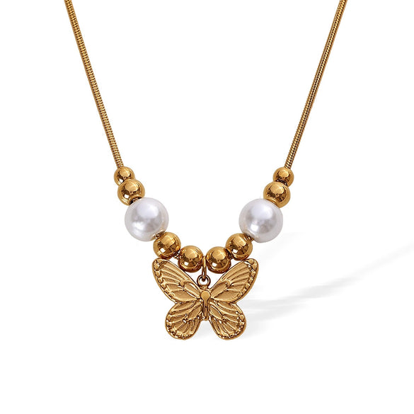 Wholesale Jewelry Butterfly Pearl 316L Stainless Steel Electroplating Necklace