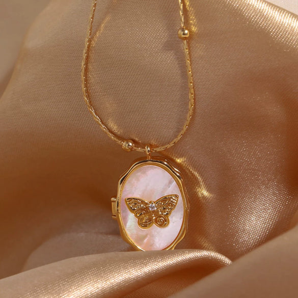 Wholesale Jewelry Butterfly Shell Star Style Copper Real Gold Plated Photo Frame Pendant Necklace Unisex