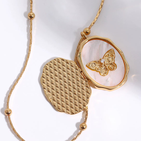 Wholesale Jewelry Butterfly Shell Star Style Copper Real Gold Plated Photo Frame Pendant Necklace Unisex
