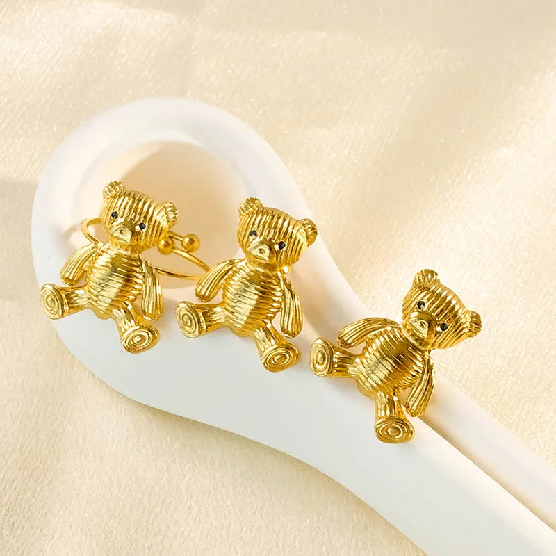 Wholesale Jewelry Cartoon Style Cute Simple Style Bear 304 Stainless Steel 14K Gold Plated Rings Earrings