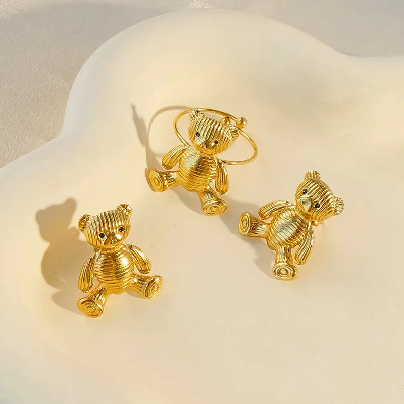 Wholesale Jewelry Cartoon Style Cute Simple Style Bear 304 Stainless Steel 14K Gold Plated Rings Earrings