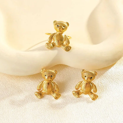 Wholesale Jewelry Cartoon Style Cute Simple Style Bear 304 Stainless Steel 14K Gold Plated Rings Earrings