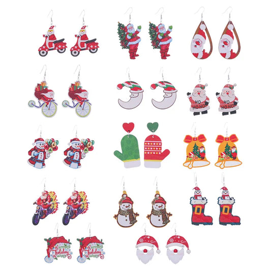 Wholesale Jewelry Cartoon Style Santa Claus Wood Printing Drop Earrings