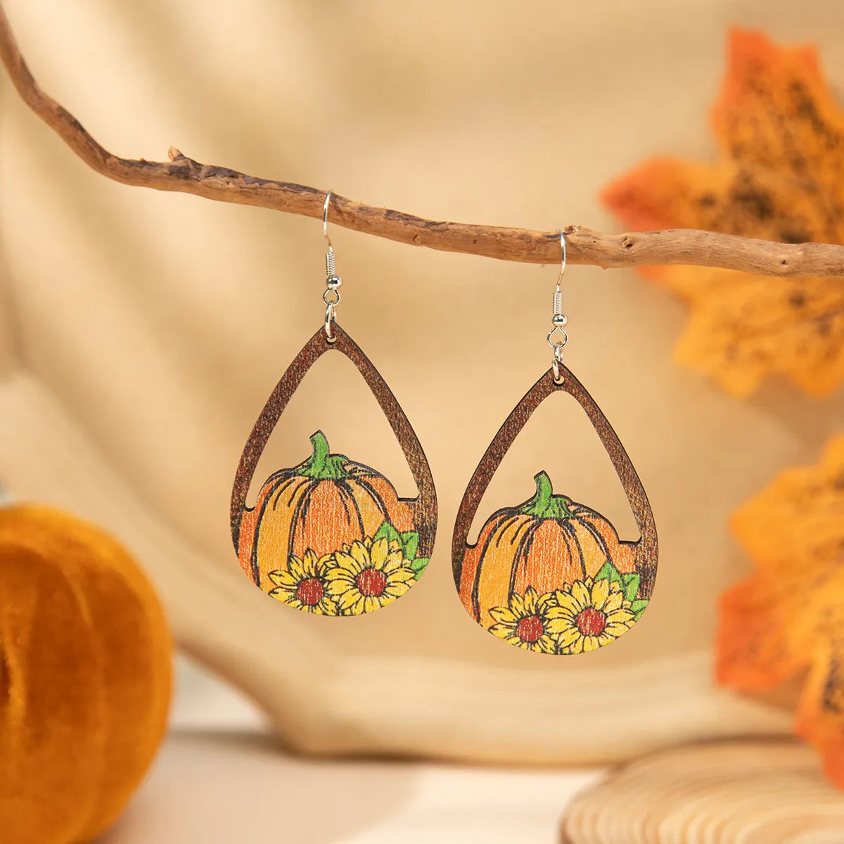 Wholesale Jewelry Casual Animal Pumpkin Water Droplets Wood Irregular Printing Drop Earrings