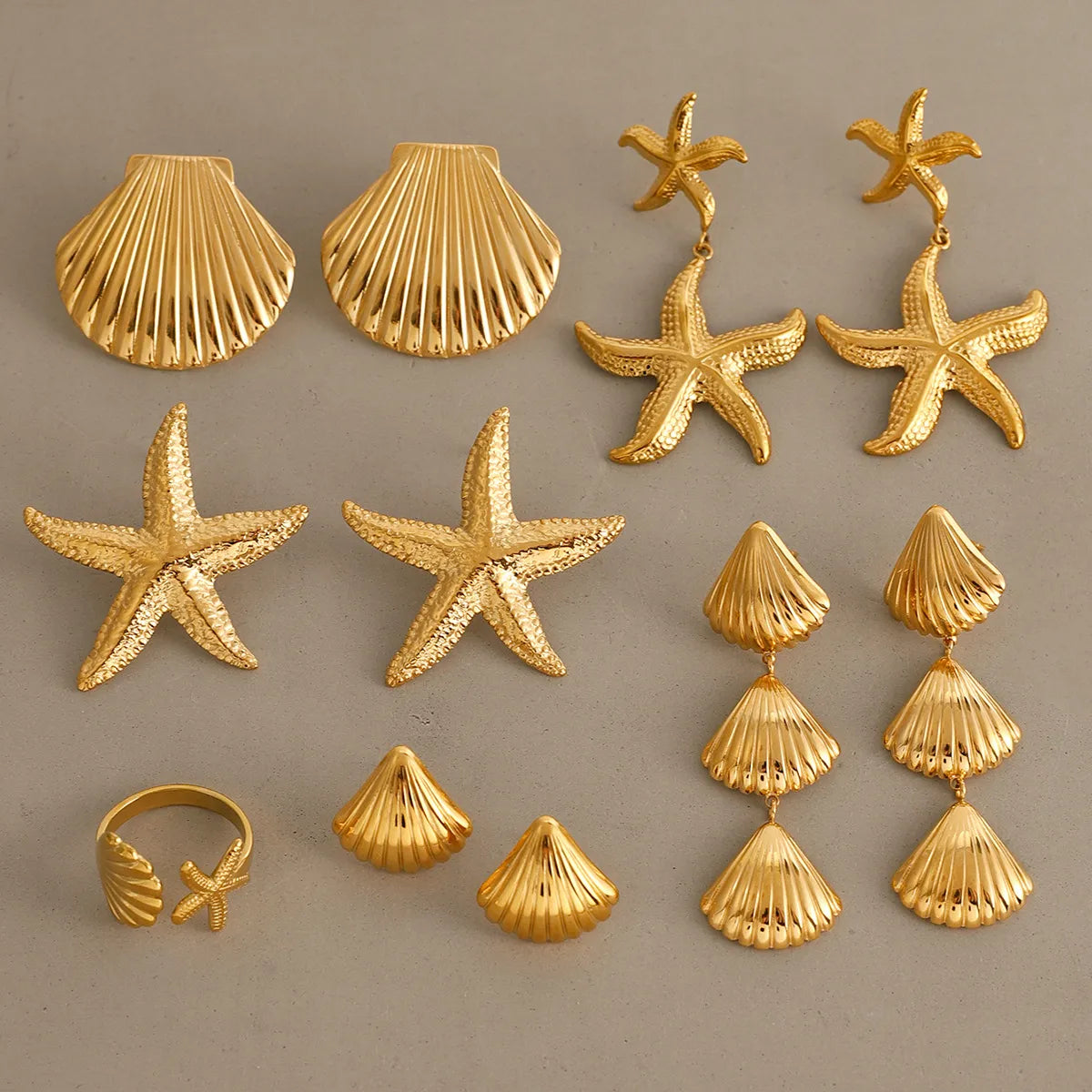 Wholesale Jewelry Casual Beach Classic Style Starfish Shell 304 Stainless Steel 18K Gold Plated Rings Earrings