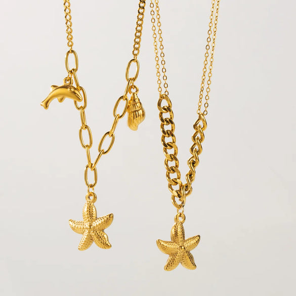 Wholesale Jewelry Casual Beach Starfish Conch Dolphin 304 Stainless Steel Pendant Necklace