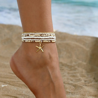 Wholesale Jewelry Casual Beach Starfish Elastic String Seed Bead Zinc Alloy Beaded Anklet