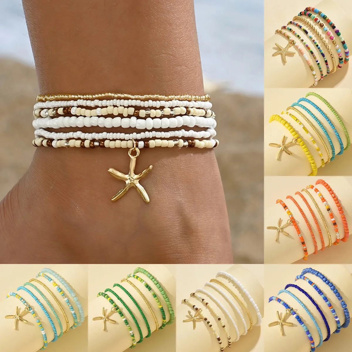 Wholesale Jewelry Casual Beach Starfish Elastic String Seed Bead Zinc Alloy Beaded Anklet