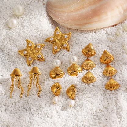 Wholesale Jewelry Casual Beach Starfish Shell 304 Stainless Steel Artificial Pearls Zircon 18K Gold Plated Polishing Inlay Rings Earrings