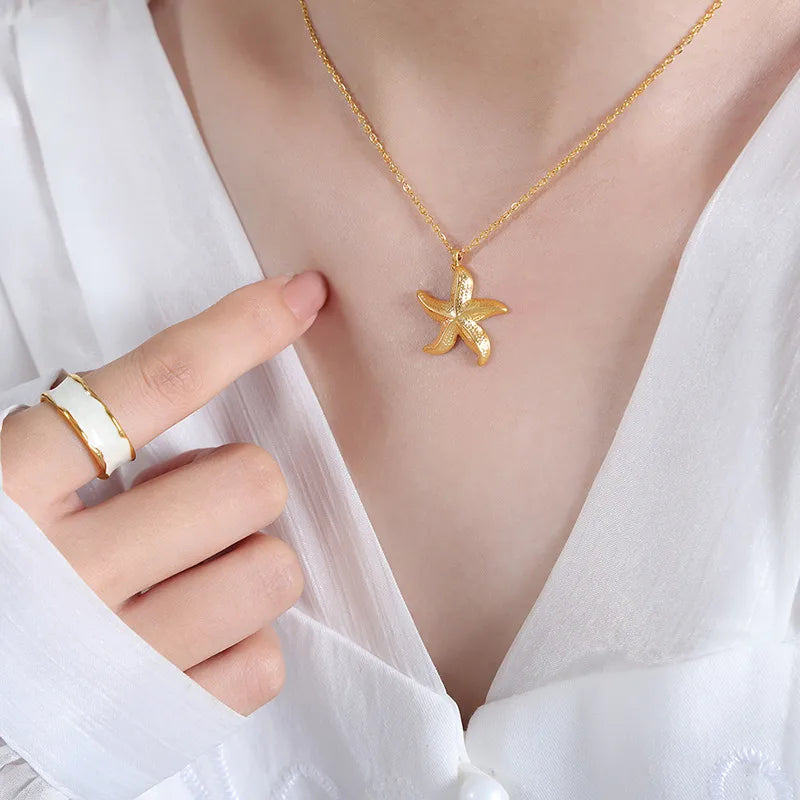 Wholesale Jewelry Casual Beach Starfish Titanium Steel 18K Gold Plated Plating Pendant Necklace