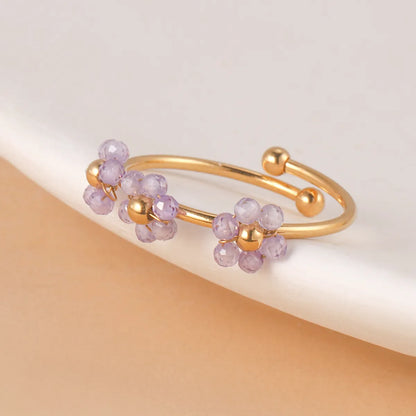 Wholesale Jewelry Casual Bohemian Flower 304 Stainless Steel 14K Gold Plated Beaded Open Rings