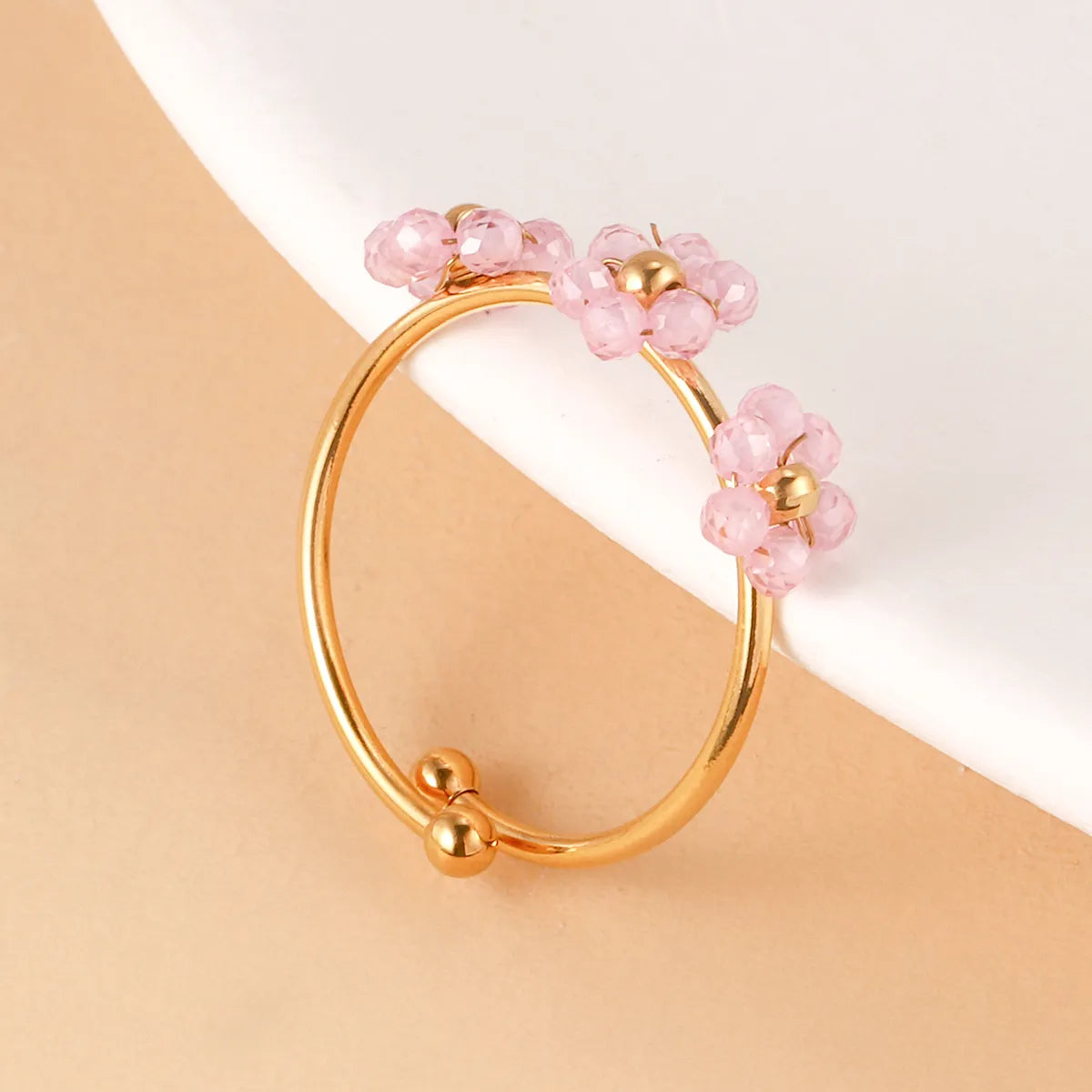 Wholesale Jewelry Casual Bohemian Flower 304 Stainless Steel 14K Gold Plated Beaded Open Rings