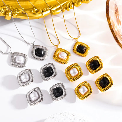 Wholesale Jewelry Casual Cute Simple Style Square 304 Stainless Steel Artificial Pearls 18K Gold Plated Inlay Jewelry Set