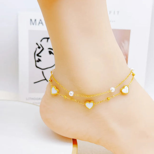 Wholesale Jewelry Casual Cute Sweet Letter Heart Shape 304 Stainless Steel Acrylic Imitation Pearl Zircon 18K Gold Plated Plating Inlay Anklet
