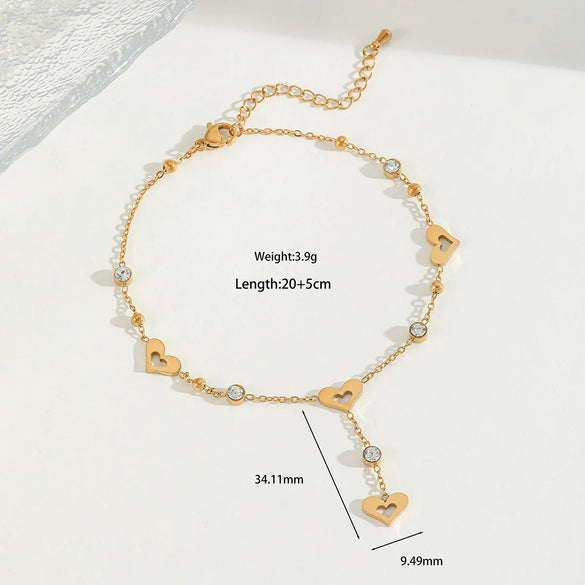 Wholesale Jewelry Casual Cute Sweet Letter Heart Shape 304 Stainless Steel Acrylic Imitation Pearl Zircon 18K Gold Plated Plating Inlay Anklet