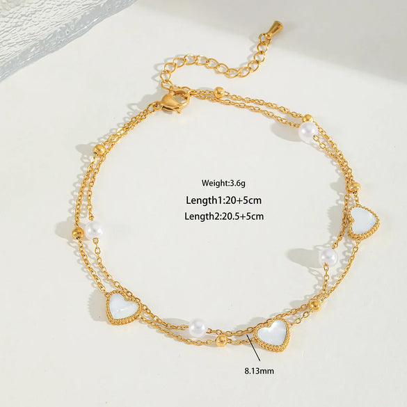 Wholesale Jewelry Casual Cute Sweet Letter Heart Shape 304 Stainless Steel Acrylic Imitation Pearl Zircon 18K Gold Plated Plating Inlay Anklet