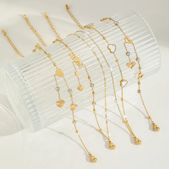 Wholesale Jewelry Casual Cute Sweet Letter Heart Shape 304 Stainless Steel Acrylic Imitation Pearl Zircon 18K Gold Plated Plating Inlay Anklet