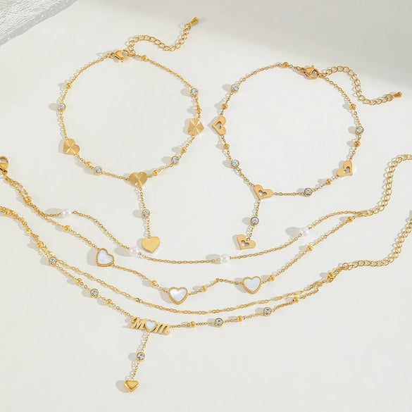 Wholesale Jewelry Casual Cute Sweet Letter Heart Shape 304 Stainless Steel Acrylic Imitation Pearl Zircon 18K Gold Plated Plating Inlay Anklet