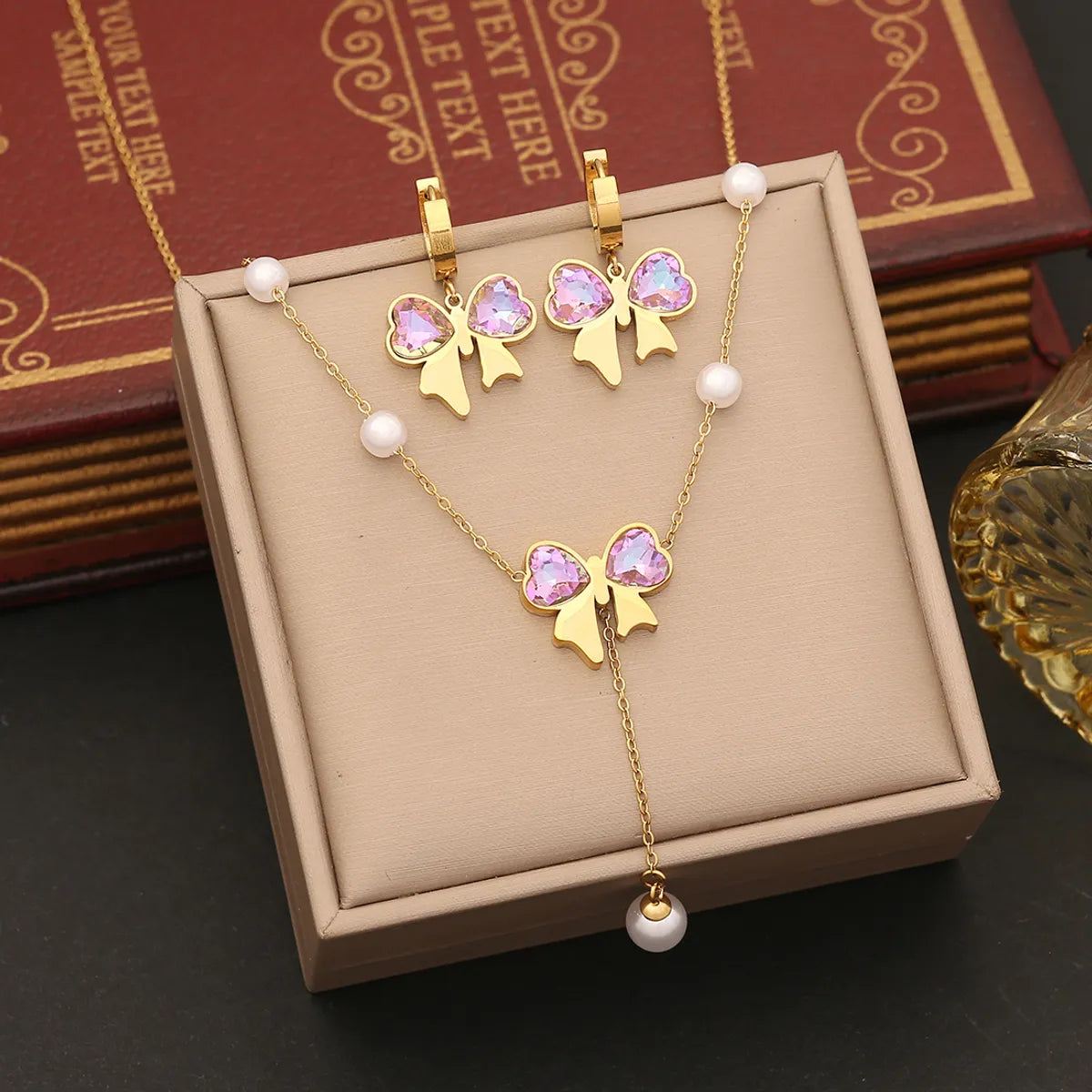 Wholesale Jewelry Casual Elegant Bow Knot 304 Stainless Steel Glass 18K Gold Plated Pearl Bracelets Earrings Necklace