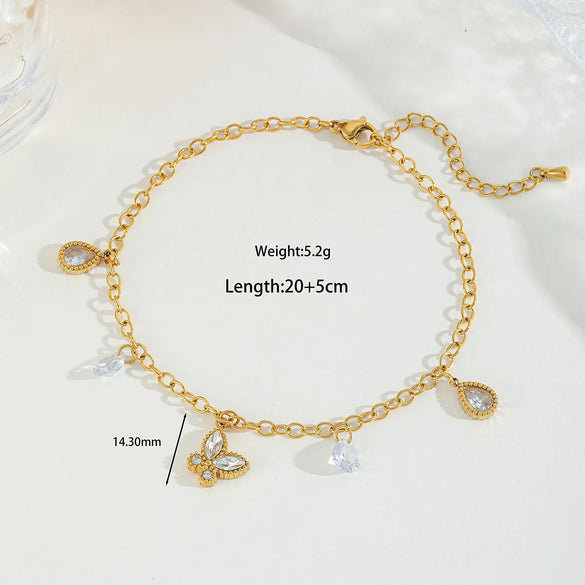 Wholesale Jewelry Casual Elegant Cute Heart Shape Butterfly 304 Stainless Steel Acrylic Imitation Pearl Zircon 18K Gold Plated Plating Inlay Anklet