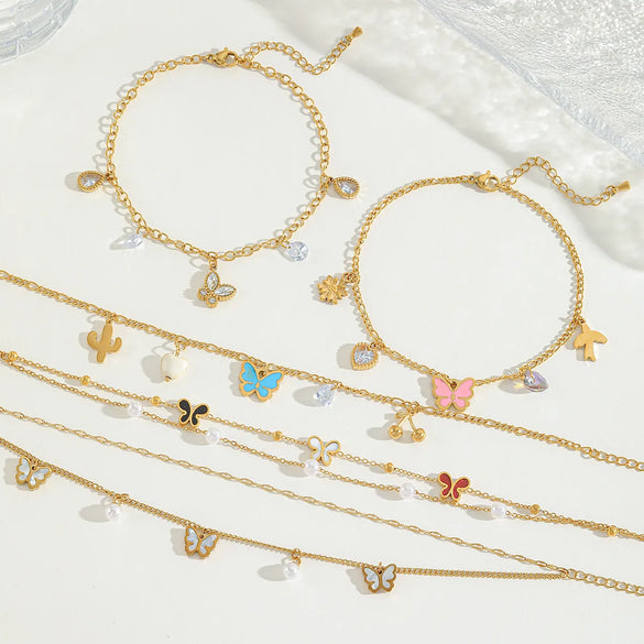 Wholesale Jewelry Casual Elegant Cute Heart Shape Butterfly 304 Stainless Steel Acrylic Imitation Pearl Zircon 18K Gold Plated Plating Inlay Anklet