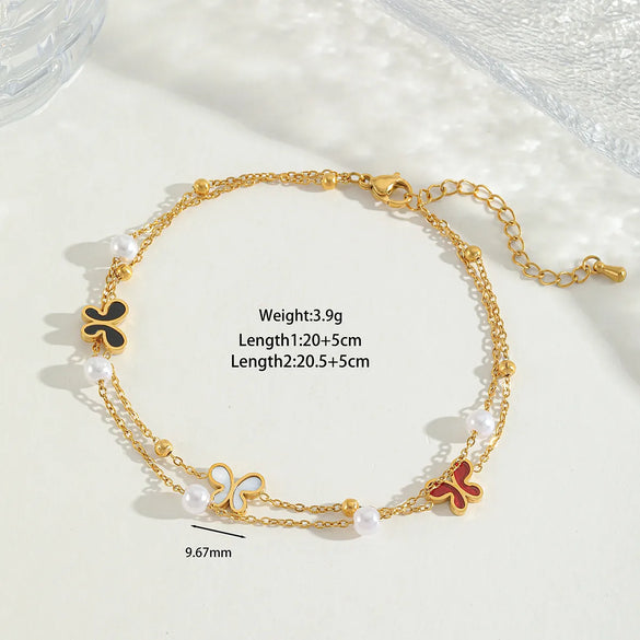 Wholesale Jewelry Casual Elegant Cute Heart Shape Butterfly 304 Stainless Steel Acrylic Imitation Pearl Zircon 18K Gold Plated Plating Inlay Anklet
