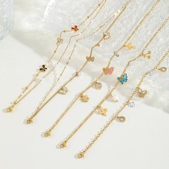 Wholesale Jewelry Casual Elegant Cute Heart Shape Butterfly 304 Stainless Steel Acrylic Imitation Pearl Zircon 18K Gold Plated Plating Inlay Anklet