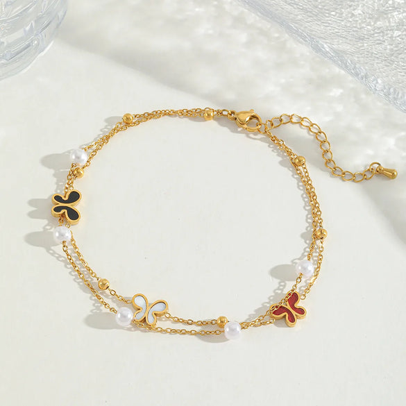 Wholesale Jewelry Casual Elegant Cute Heart Shape Butterfly 304 Stainless Steel Acrylic Imitation Pearl Zircon 18K Gold Plated Plating Inlay Anklet