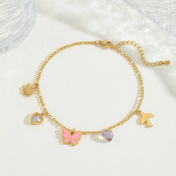 Wholesale Jewelry Casual Elegant Cute Heart Shape Butterfly 304 Stainless Steel Acrylic Imitation Pearl Zircon 18K Gold Plated Plating Inlay Anklet