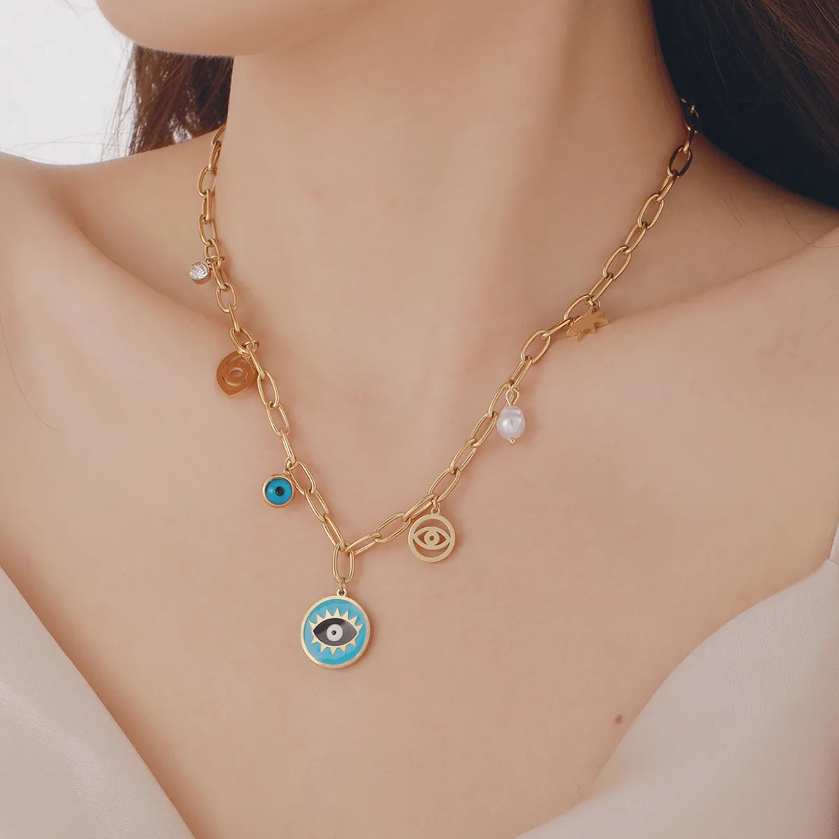 Wholesale Jewelry Casual Elegant Devil'S Eye 304 Stainless Steel Turquoise 18K Gold Plated Plating Inlay Pendant Necklace