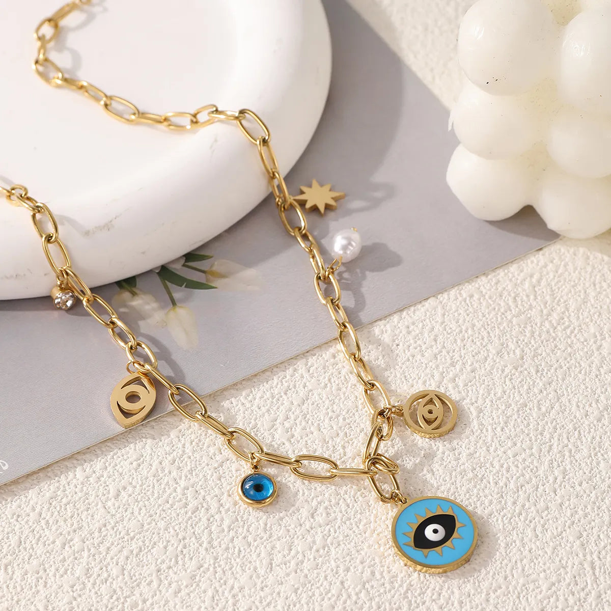 Wholesale Jewelry Casual Elegant Devil'S Eye 304 Stainless Steel Turquoise 18K Gold Plated Plating Inlay Pendant Necklace