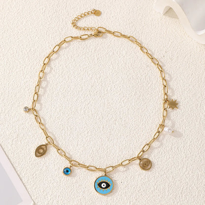 Wholesale Jewelry Casual Elegant Devil'S Eye 304 Stainless Steel Turquoise 18K Gold Plated Plating Inlay Pendant Necklace