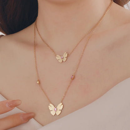 Wholesale Jewelry Casual Elegant Romantic Butterfly 304 Stainless Steel Zircon 18K Gold Plated Plating Inlay Double Layer Necklaces