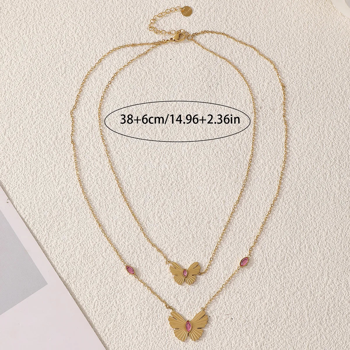 Wholesale Jewelry Casual Elegant Romantic Butterfly 304 Stainless Steel Zircon 18K Gold Plated Plating Inlay Double Layer Necklaces