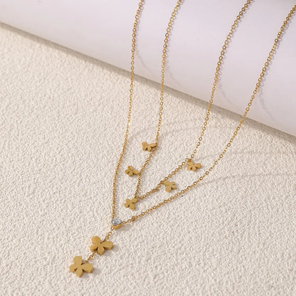 Wholesale Jewelry Casual Elegant Romantic Little Bear Flower Butterfly 304 Stainless Steel 18K Gold Plated Layered Plating Hollow Out Pendant Necklace