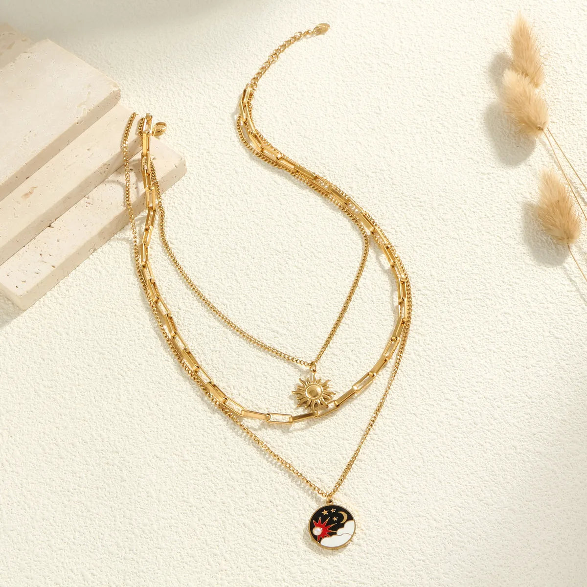 Wholesale Jewelry Casual Elegant Simple Style Round Sun 304 Stainless Steel Zircon Gold Plated Inlay Layered Necklaces