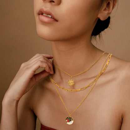 Wholesale Jewelry Casual Elegant Simple Style Round Sun 304 Stainless Steel Zircon Gold Plated Inlay Layered Necklaces