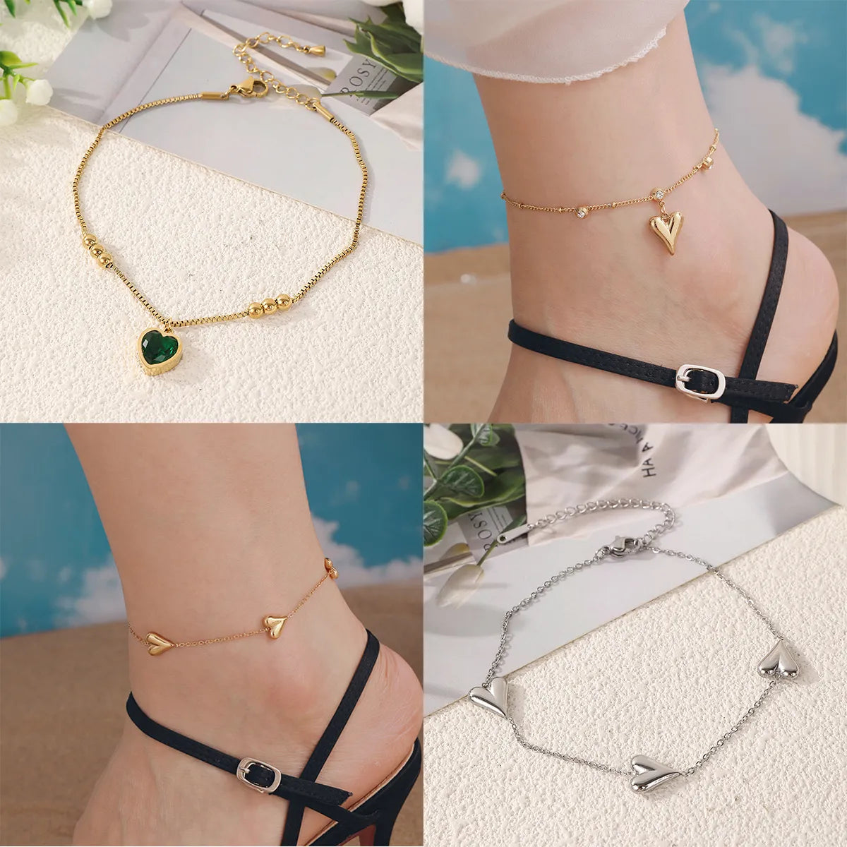 Wholesale Jewelry Casual Elegant Vacation Heart Shape 304 Stainless Steel 18K Gold Plated Plating Anklet