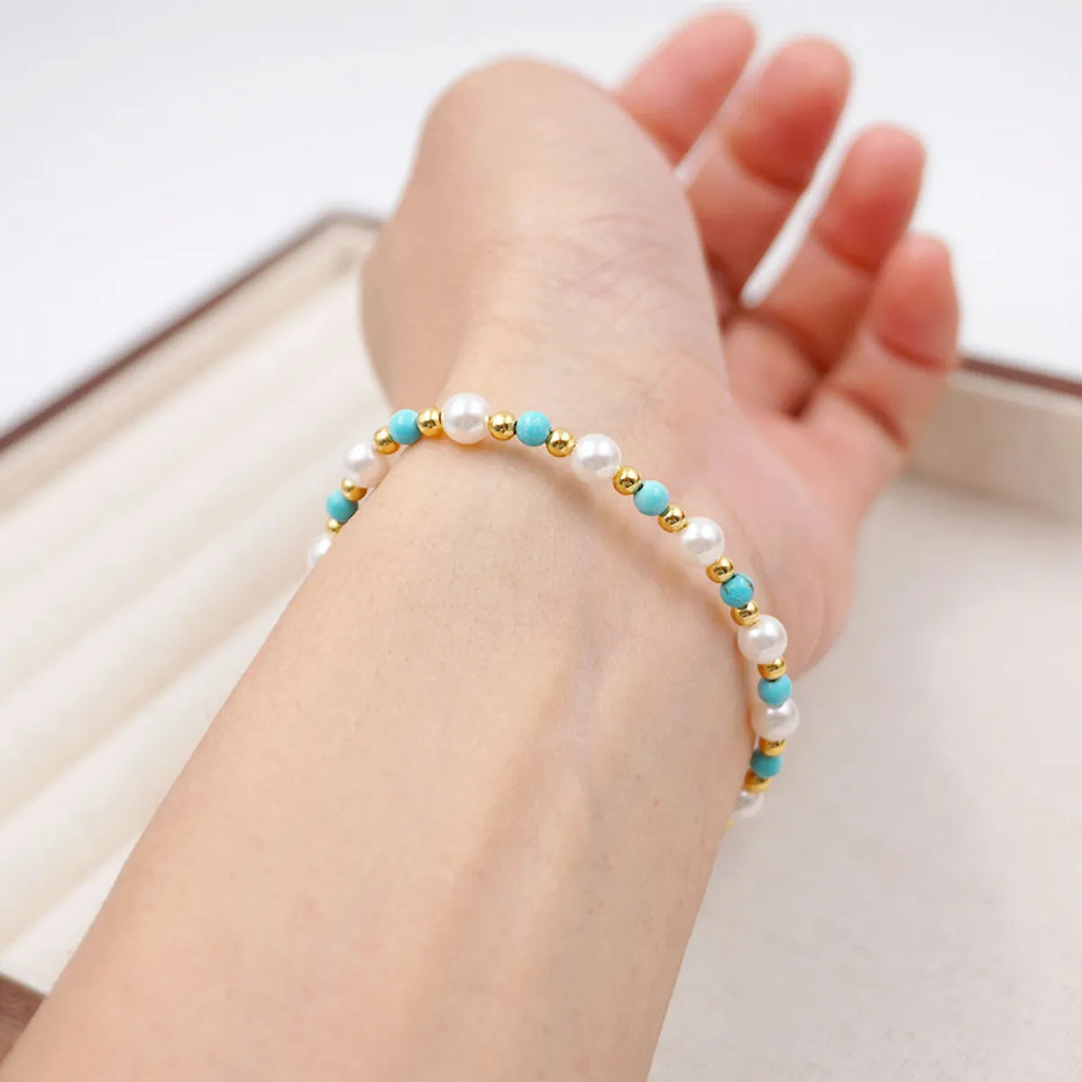 Wholesale Jewelry Casual Elegant Vacation Round 304 Stainless Steel Imitation Pearl Turquoise Beaded Bracelets Necklace