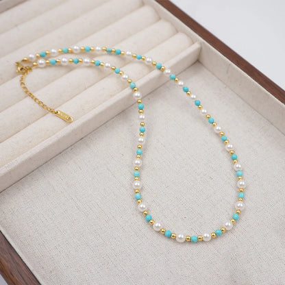 Wholesale Jewelry Casual Elegant Vacation Round 304 Stainless Steel Imitation Pearl Turquoise Beaded Bracelets Necklace