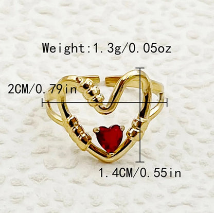 Wholesale Jewelry Casual Korean Style IG Style Heart Shape 304 Stainless Steel Zircon 14K Gold Plated Plating Hollow Out Inlay Open Rings